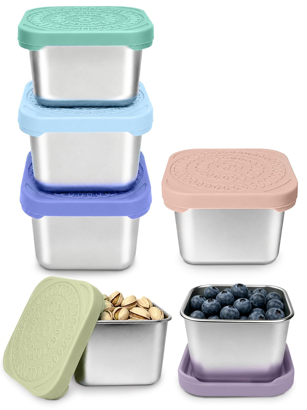 HTEVW front view of six colorful snack containers showing compact pack and benefit of portability