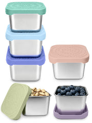 HTEVW front view of six colorful snack containers showing compact pack and benefit of portability