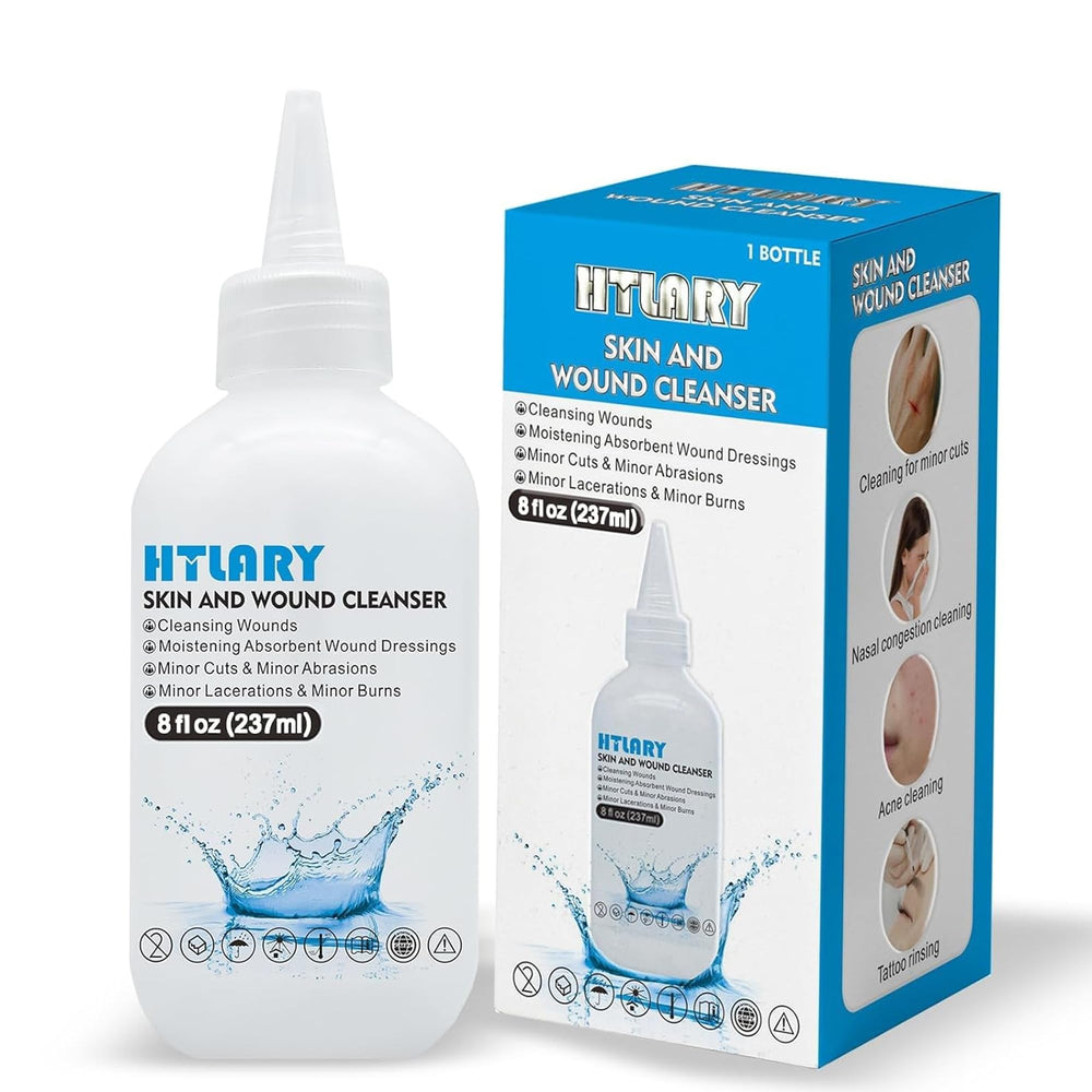 HTLARY front packaging showing 8oz bottle for reliable wound cleansing