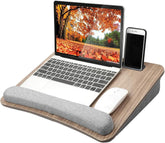 HUANUO lap desk front view showing stable woodgrain surface and cushion benefit ergonomic support