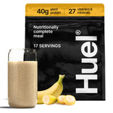 Huel front packaging showing banana flavor and protein count for quick identification and convenience