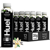 Huel Black Edition front bottle showing branding and convenience benefit