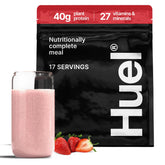 Huel pouch front showing Strawberry Shortcake flavor and nutrition benefits