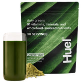 Huel front pack showing Daily Greens in retail packaging and easy grab convenience