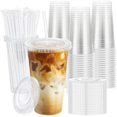 Huifany front packaging showing 20 oz clear cups and included lids, professional presentation benefit