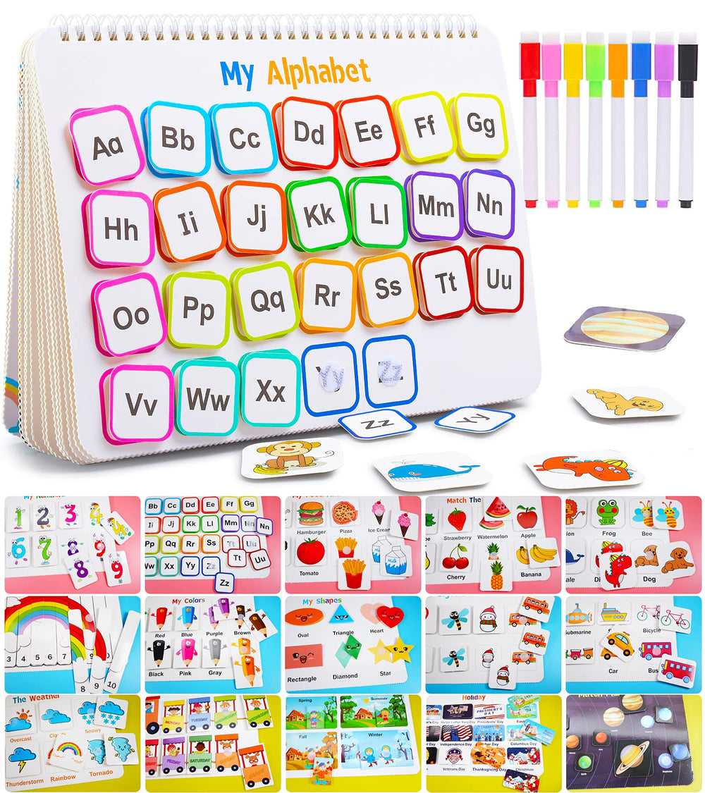 Huijing front cover of busy book showing colorful themes and durable binder benefits