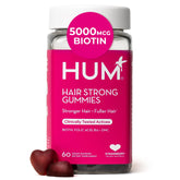 HUM Hair Strong front packaging showing bottle and branding, clear benefit of strawberry flavor