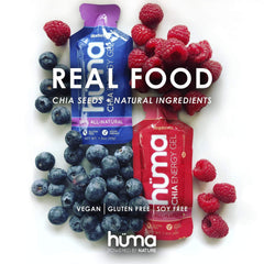 HÜMA CHIA ENERGY GEL close-up of powdered chia seeds showing steady energy release