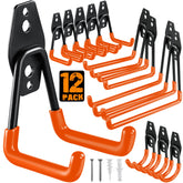 HUPBIPY front package of 12 heavy duty garage hooks showing kit contents and benefits