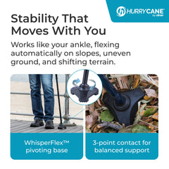 HurryCane T-handle close-up providing comfortable grip for reduced hand fatigue