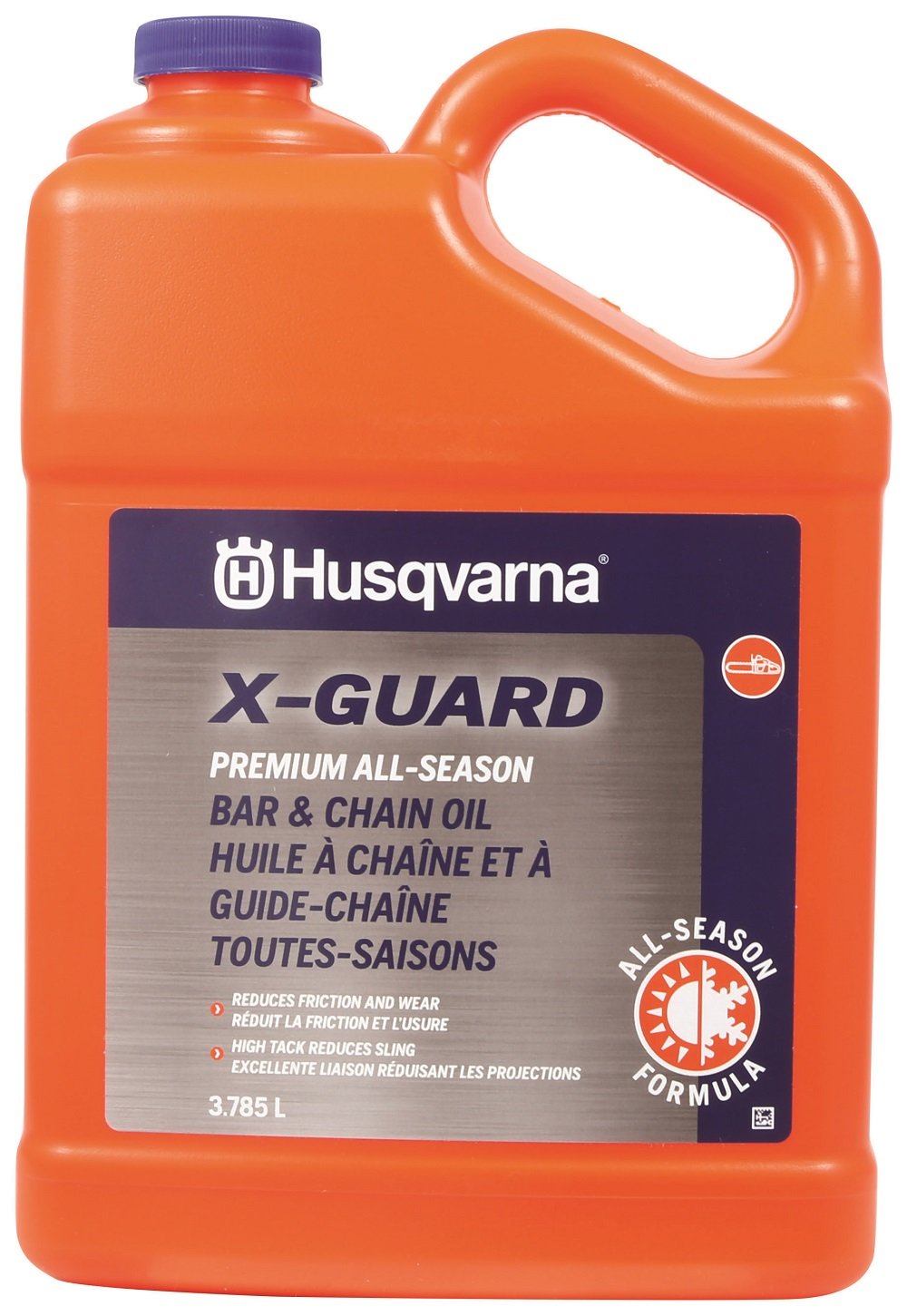 Husqvarna X-Guard gallon front label showing product and benefits for long chain life