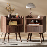 Huuger front view of both walnut nightstands showing compact, coordinated storage benefit