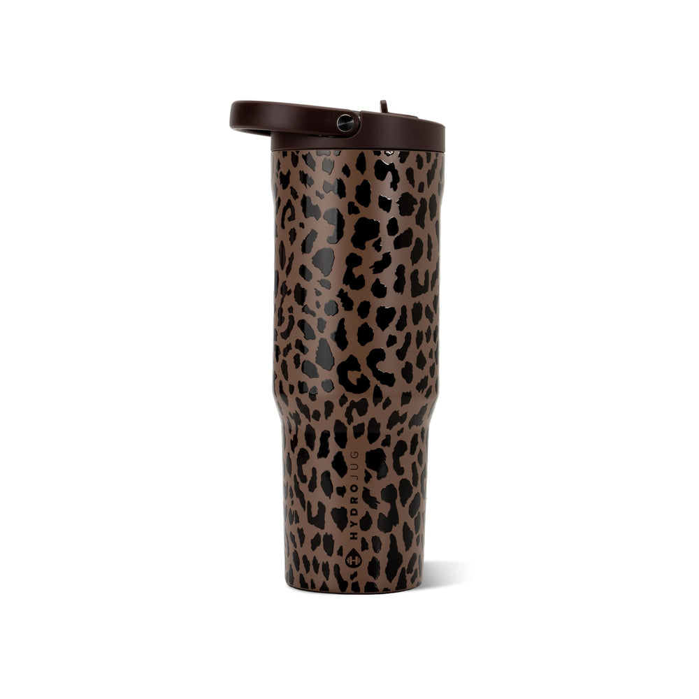 HydroJug brown leopard front view showing bottle design and easy carry benefits