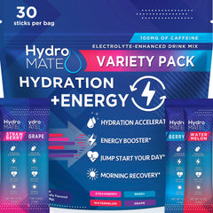 HydroMATE front packaging showing 30 count and variety, convenient and portable