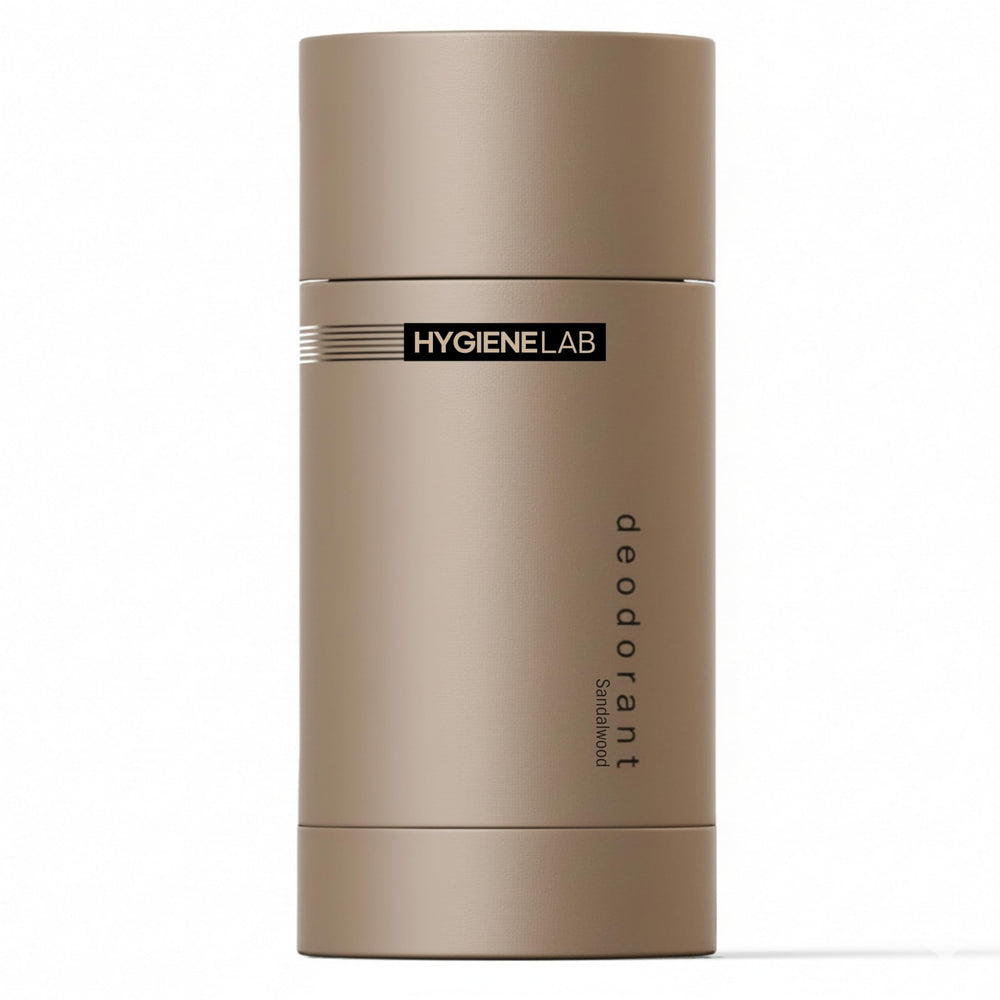 HygieneLab front packaging displaying sandalwood deodorant and product benefit