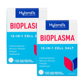 Hyland's front packaging showing two 100-count bottles and labeling benefits