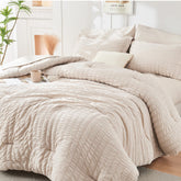 HYMOKEGE beige comforter front view showing neutral design and layered bedding benefits