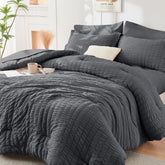 HYMOKEGE front view of Dark Grey Twin XL comforter set shows clean modern styling and quick bedroom upgrade