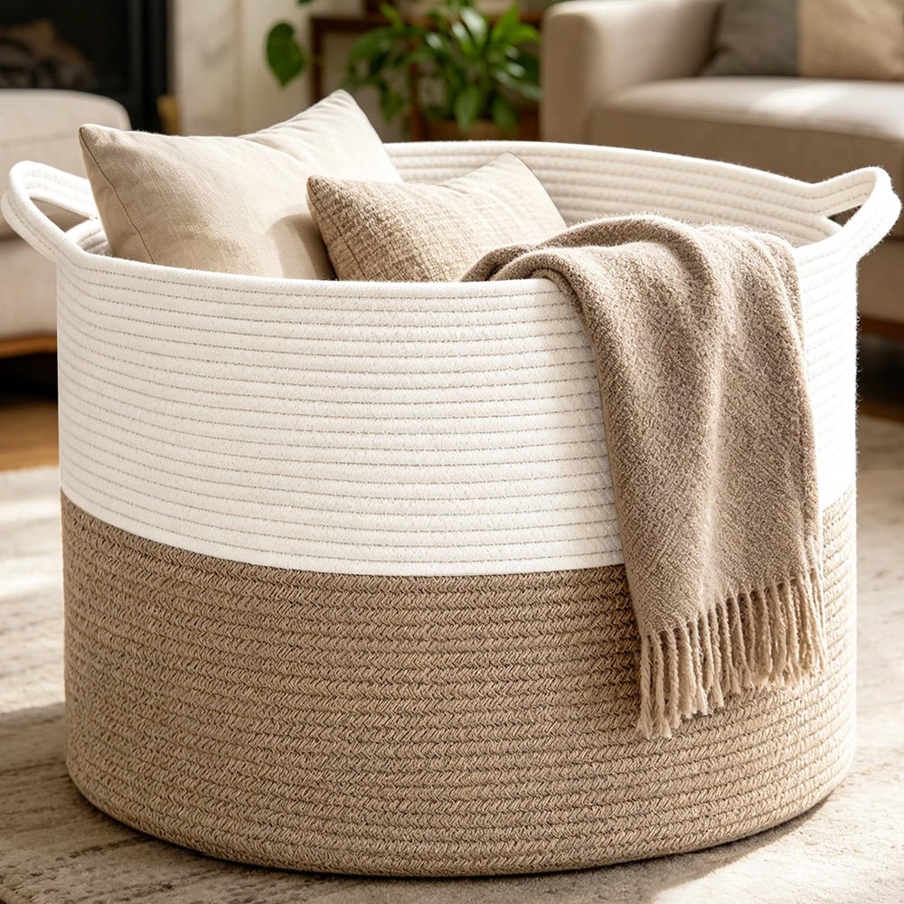 HZFTJOY front view of 65L woven basket showing capacity and style