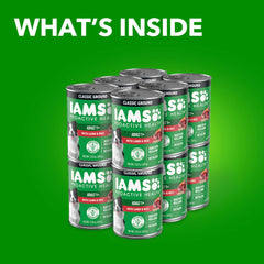 IAMS label close-up showing ingredient highlights and clear nutrition facts