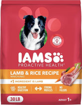 IAMS front bag showing lamb & rice recipe and 30 lb benefit