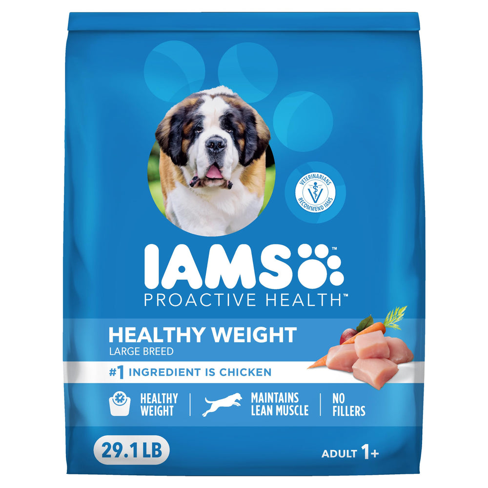 IAMS bag front view showing brand and healthy weight focus benefits