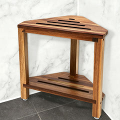 IBosins front view of corner stool showing compact fit and natural finish benefit