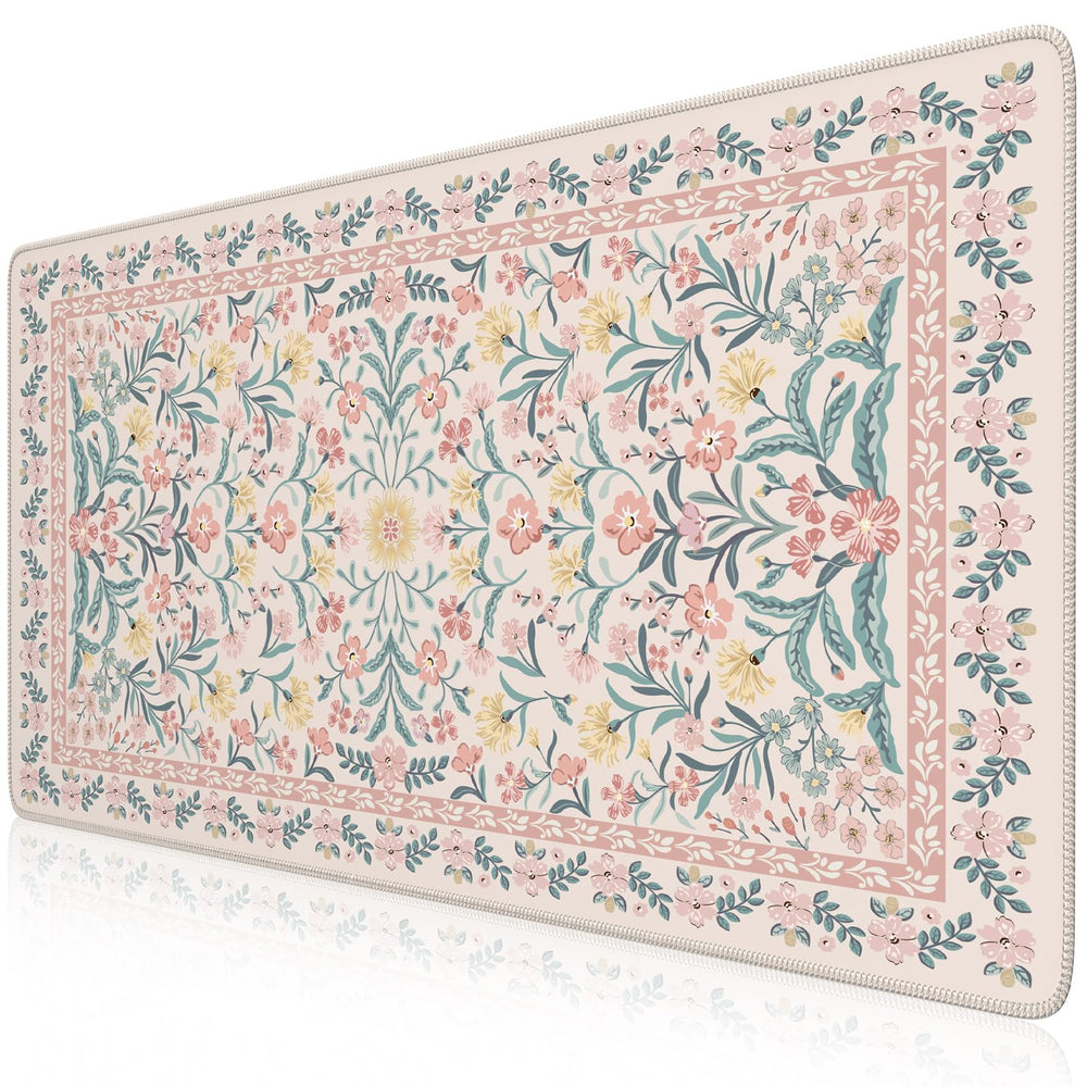 iCasso desk mat front view showing pink floral decor and workspace protection