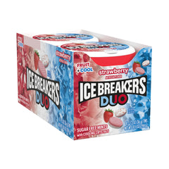 Ice Breakers Duo open tin with red and white mints ready to dispense quickly