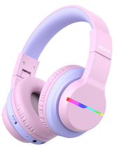 iClever BTH12 front view showing colorful lights and kid-friendly fit benefit
