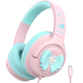 iClever front view showing bow-tie ear cups and kid-friendly look for appeal