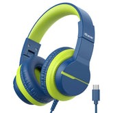 iClever HS19S front view showing USB‑C plug and cushioned headband for safe listening
