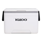 Igloo Marine Ultra front view showing compact white cooler and secure lid benefit portability
