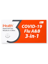 iHealth front packaging showing 3-in-1 flu and COVID test for fast results
