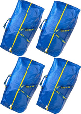 IKEA Frakta four-pack front view showing blue bags and yellow zippers for easy hauling
