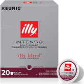 illy front packaging showing 20-count pack and bold roast benefits