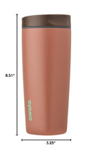 Terracotta Owala travel tumbler with dimension arrows.