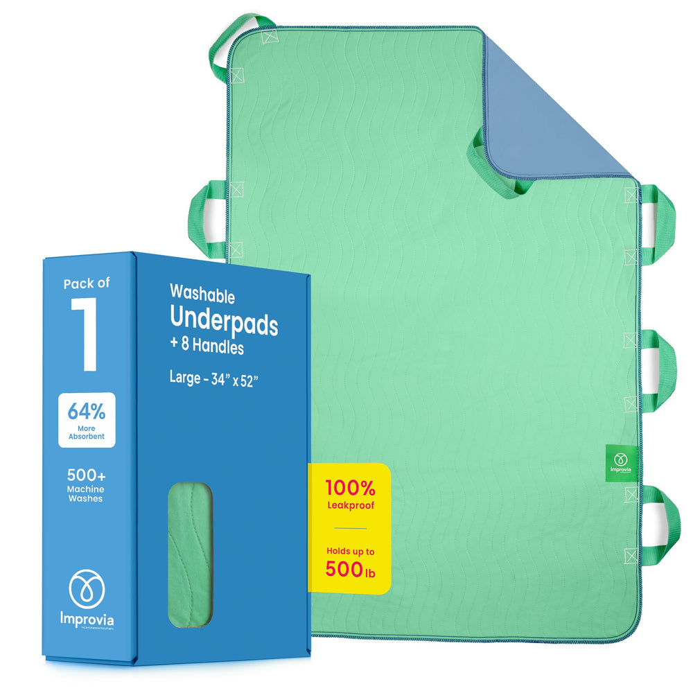 IMPROVIA front view of bed pad showing full coverage and color, protects mattress