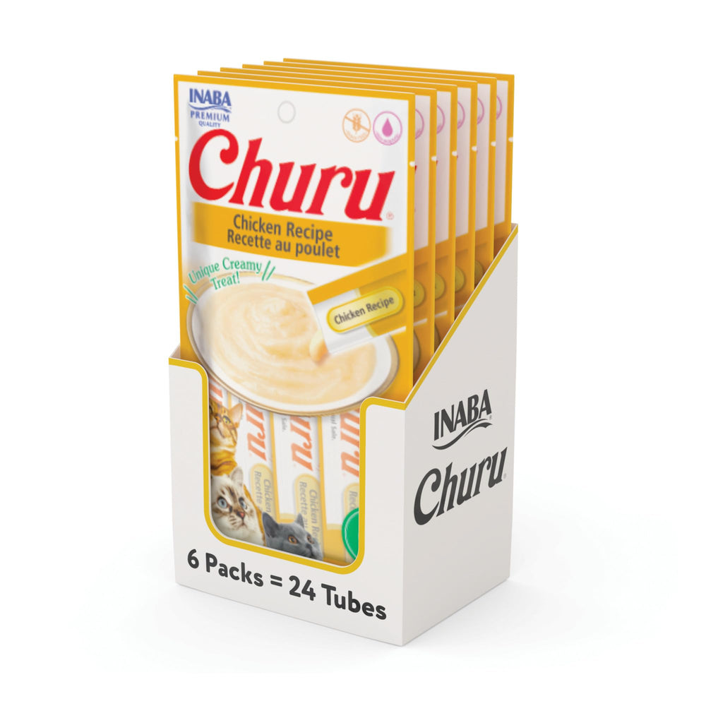 INABA front packaging showing 24 chicken tubes and clear labeling benefit convenience