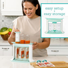 Infantino station filling three pouches at once to speed up batch prep