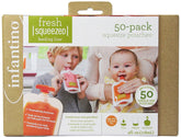 Infantino front packaging showing 50 disposable 4oz pouches and caps, convenient storage