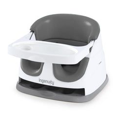 Ingenuity Baby Base front view in slate showing compact booster and benefits