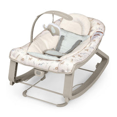 Ingenuity front view of green Keep Cozy bouncer showing versatile modes and tidy design