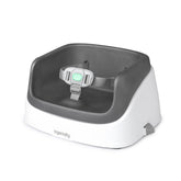 Ingenuity booster front view shows slate seat and easy-clean base benefit: quick wipe cleanup