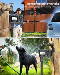 Insoma timer mounted on outdoor garden spigot in yard, automates lawn and planter watering effortlessly