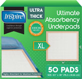 Inspire front packaging showing pack of 50 bed pads protects bedding