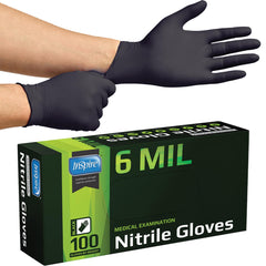 Inspire front box displaying black nitrile gloves and packaging benefits