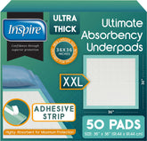 Inspire front packaging showing 50-count XXL pads protects bedding