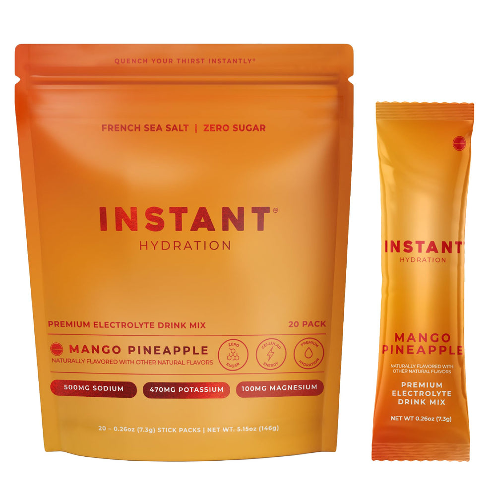 Instant Hydration front pack shows mango-pineapple flavor and travel sticks for quick hydration