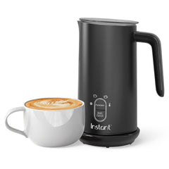 Instant Pot front view of black frother showing sleek pitcher and handle benefit: compact counter-friendly design